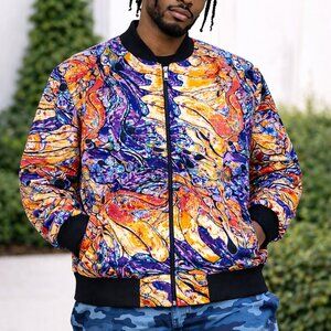 Men’s African Print Bomber Jacket – Abstract Multicolor Zip-Up | Size Large